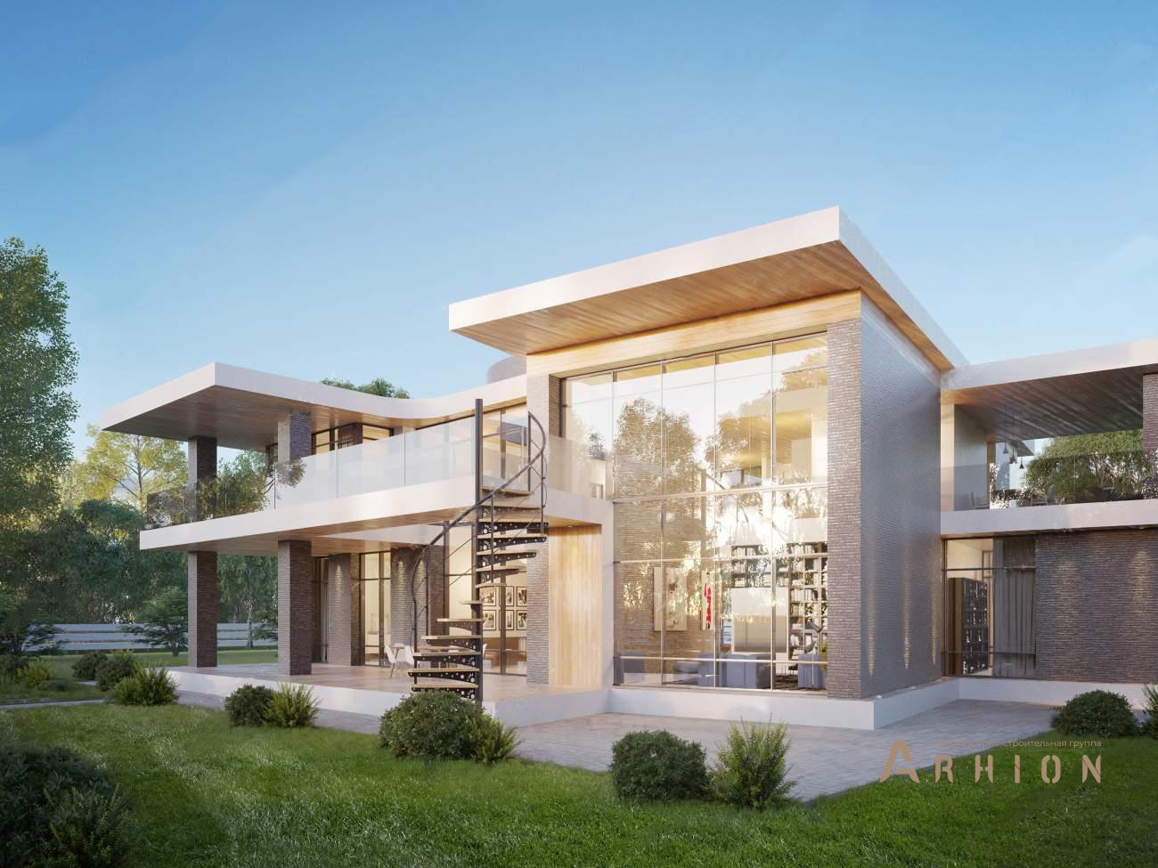 7. Проект двухэтажного дома в стиле хай-тек с плоской кровлей , rh-558, площадью - 558 кв c сауной, терассой, балконом, гаражом, вторым светом